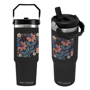 Boho Patriotic Daisy American Flag Floral Flip Straw Tumbler TS12 One Size: 30 oz Black Print Your Wear