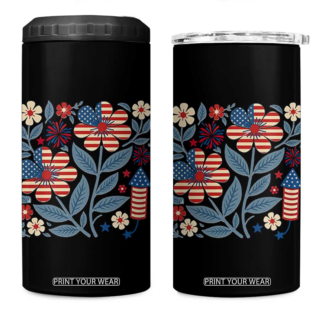 Boho Patriotic Daisy American Flag Floral 4 in 1 Can Cooler Tumbler TS12 One Size: 16 oz Black Print Your Wear