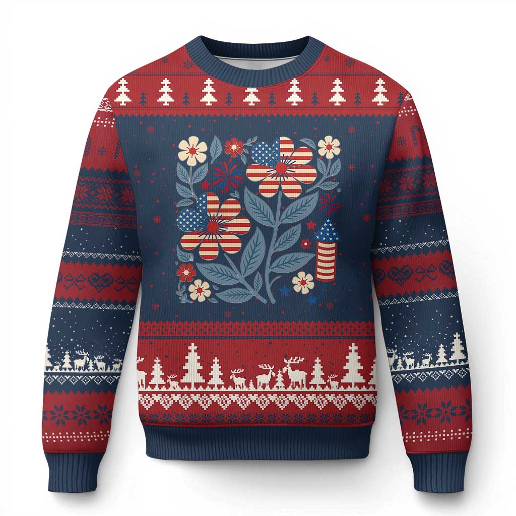 Boho Patriotic Daisy American Flag Floral Ugly Christmas Sweater TS12 Navy Red Print Your Wear