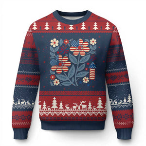 Boho Patriotic Daisy American Flag Floral Ugly Christmas Sweater TS12 Navy Red Print Your Wear