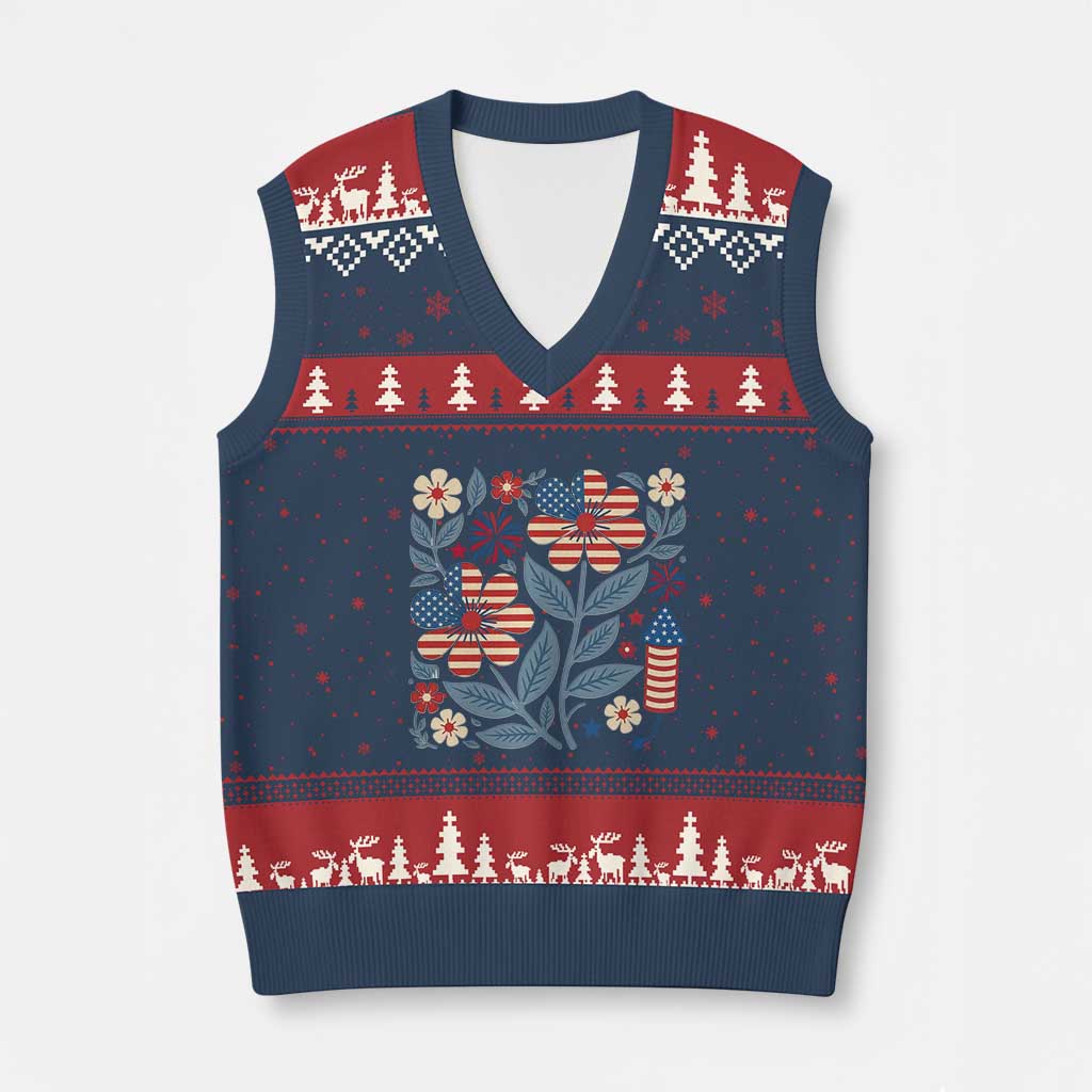 Boho Patriotic Daisy American Flag Floral V-Neck Knit Sweater Vest TS12 Navy Red Print Your Wear
