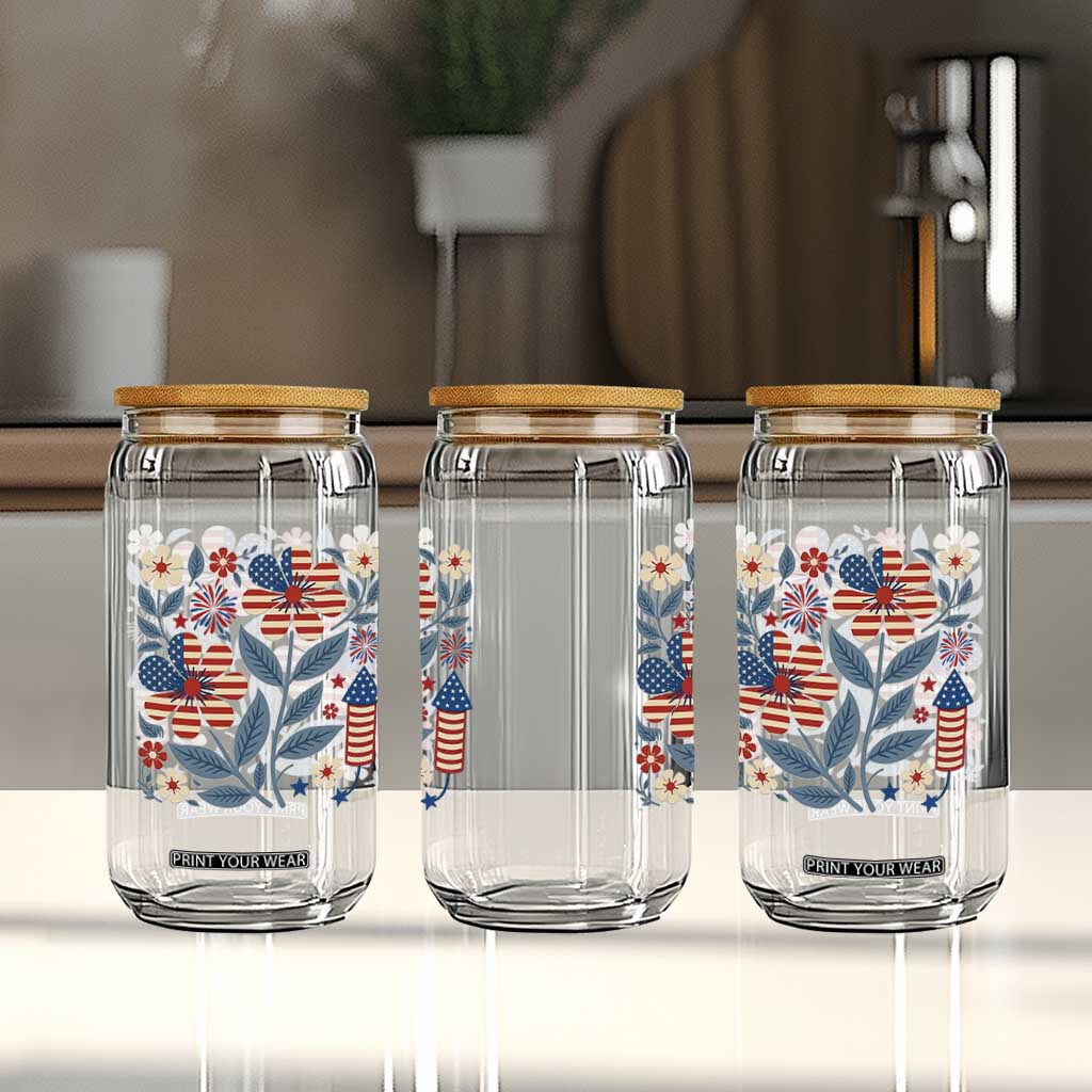 Boho Patriotic Daisy American Flag Floral Glass Can TS12 Print Your Wear
