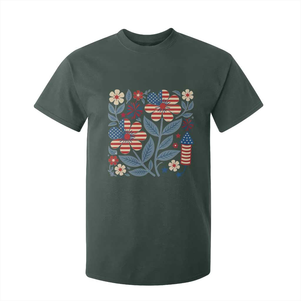 Boho Patriotic Daisy American Flag Floral T Shirt For Kid TS12 Dark Forest Green Print Your Wear