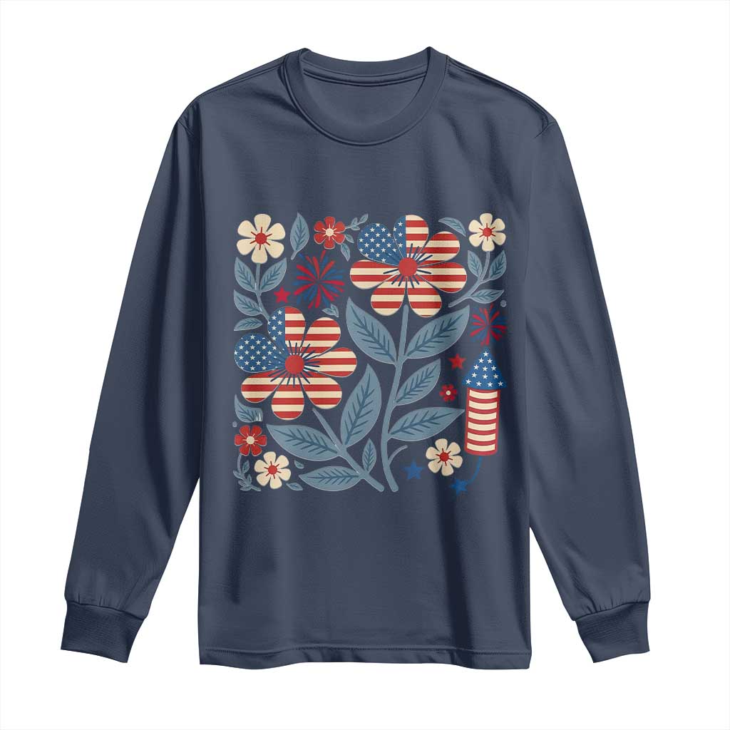 Boho Patriotic Daisy American Flag Floral Long Sleeve Shirt TS12 Navy Print Your Wear