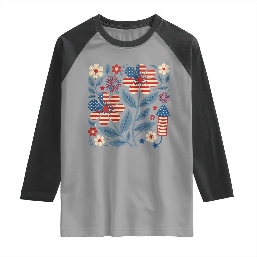 Boho Patriotic Daisy American Flag Floral Raglan Shirt TS12 Sport Gray Black Print Your Wear
