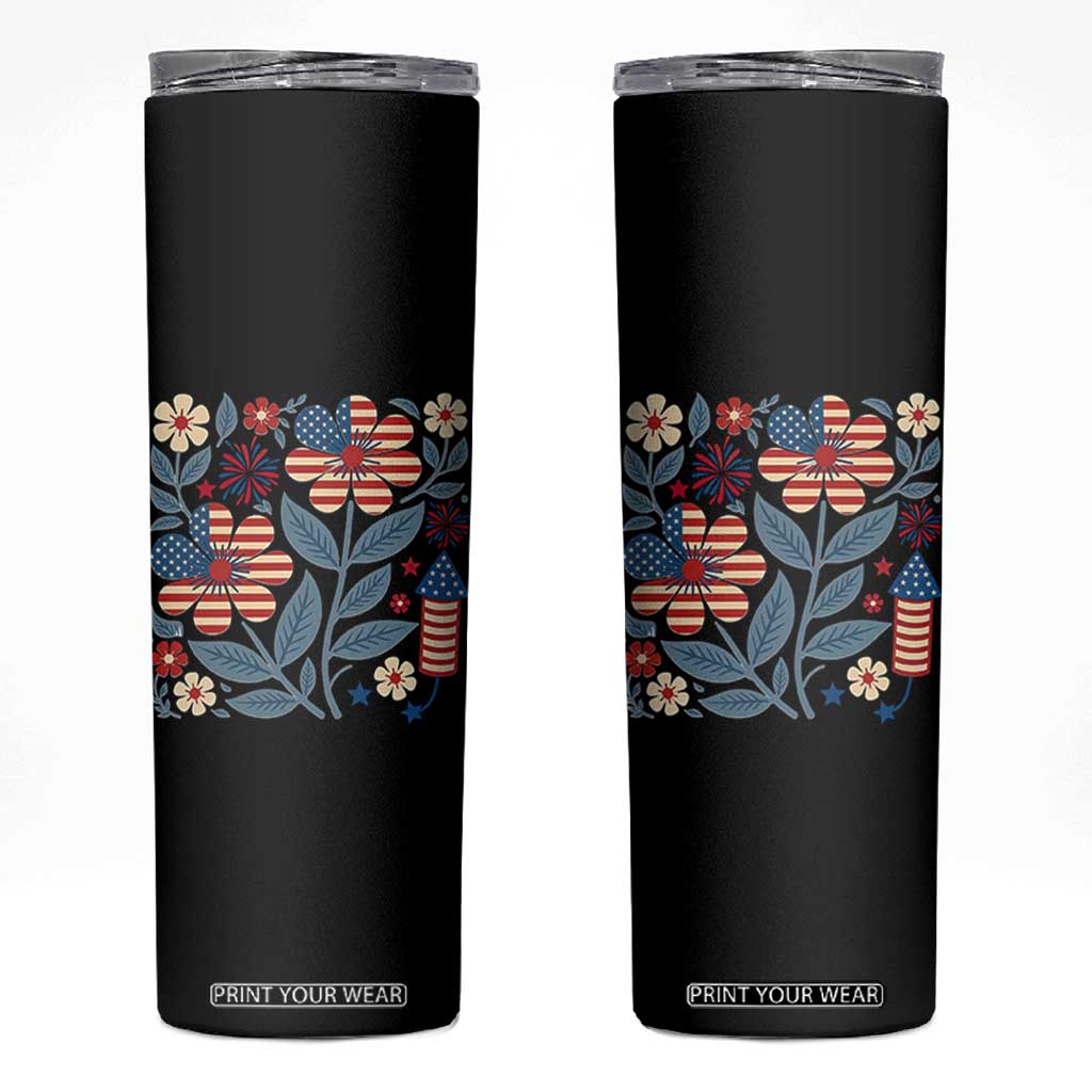 Boho Patriotic Daisy American Flag Floral Skinny Tumbler TS12 Black Print Your Wear