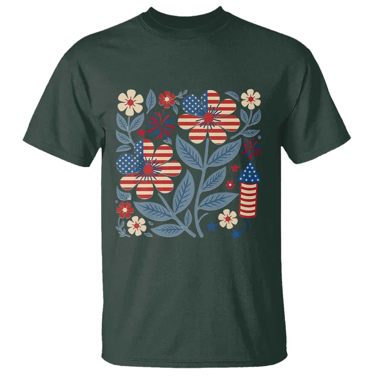Boho Patriotic Daisy American Flag Floral T Shirt TS12 Dark Forest Green Print Your Wear