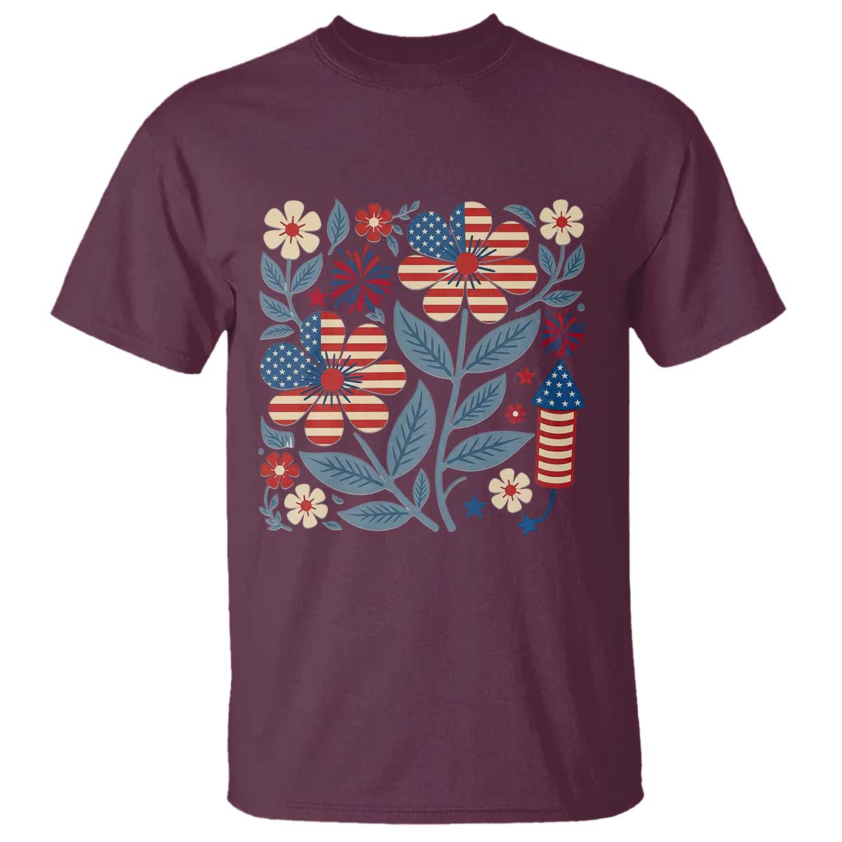 Boho Patriotic Daisy American Flag Floral T Shirt TS12 Maroon Print Your Wear