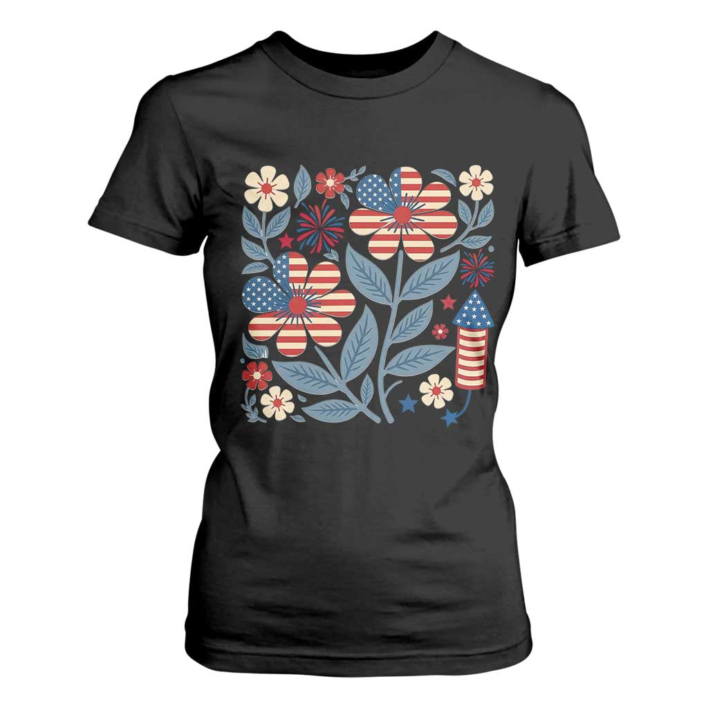 Boho Patriotic Daisy American Flag Floral T Shirt For Women TS12 Black Print Your Wear