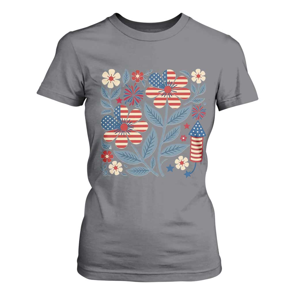 Boho Patriotic Daisy American Flag Floral T Shirt For Women TS12 Charcoal Print Your Wear