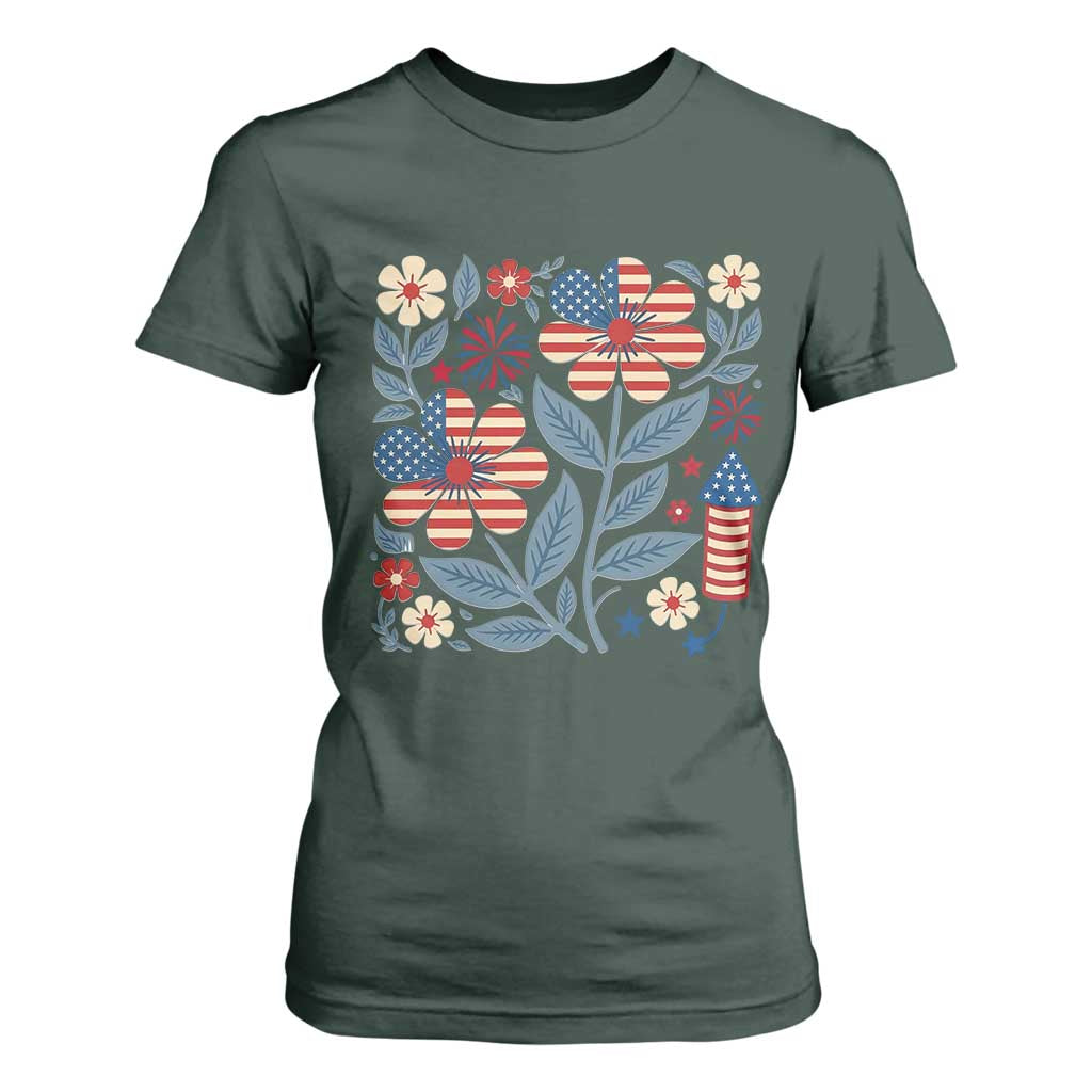 Boho Patriotic Daisy American Flag Floral T Shirt For Women TS12 Dark Forest Green Print Your Wear