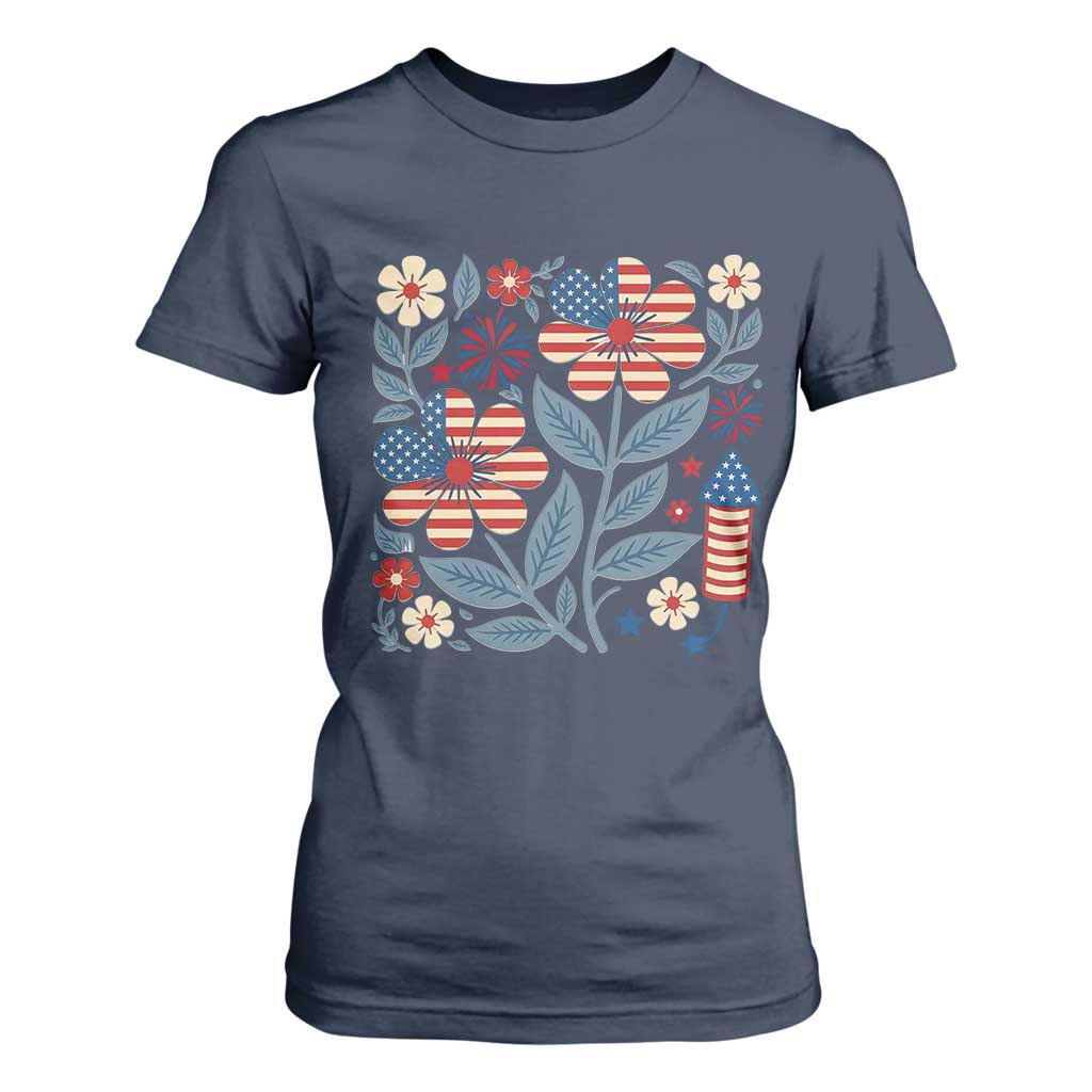 Boho Patriotic Daisy American Flag Floral T Shirt For Women TS12 Navy Print Your Wear