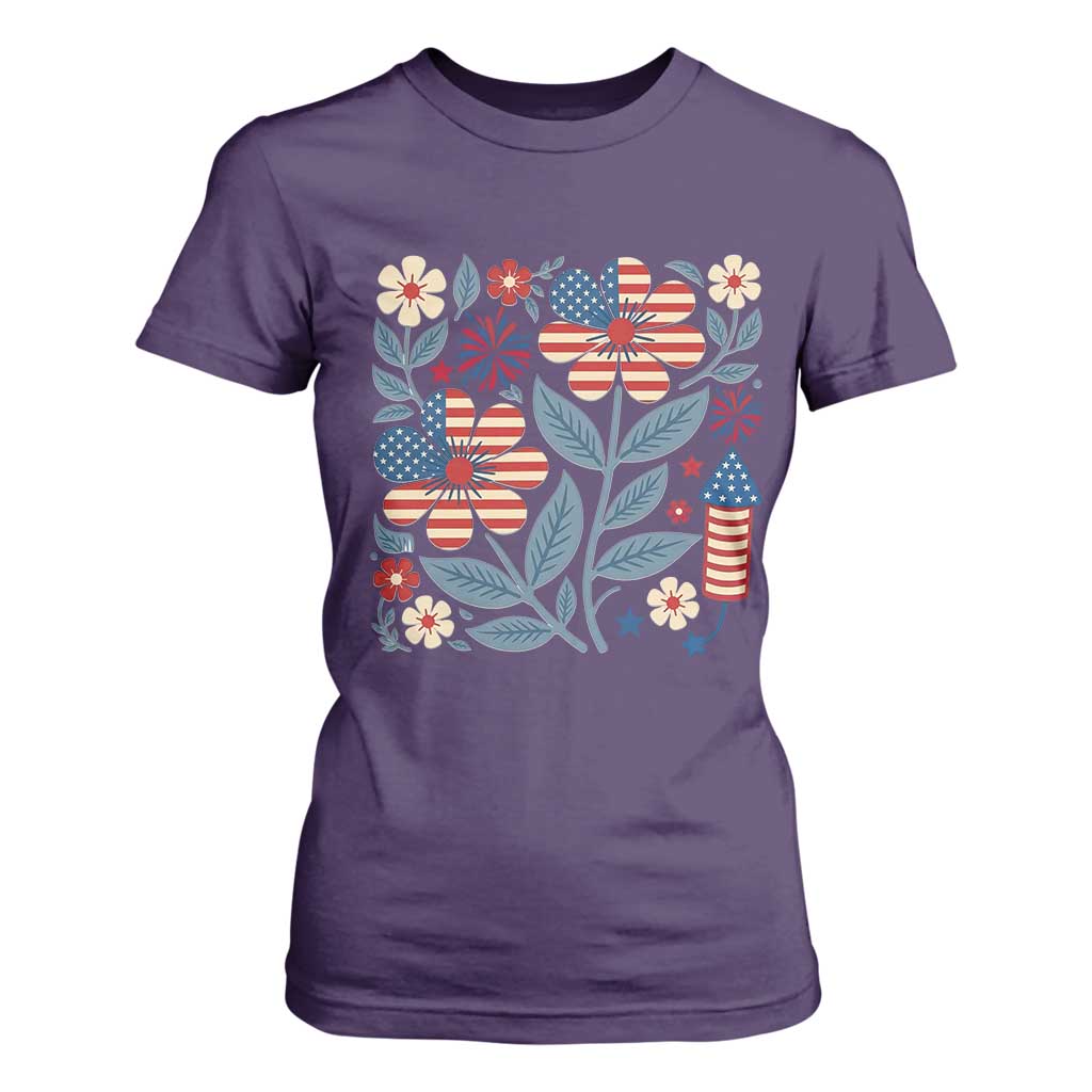 Boho Patriotic Daisy American Flag Floral T Shirt For Women TS12 Purple Print Your Wear
