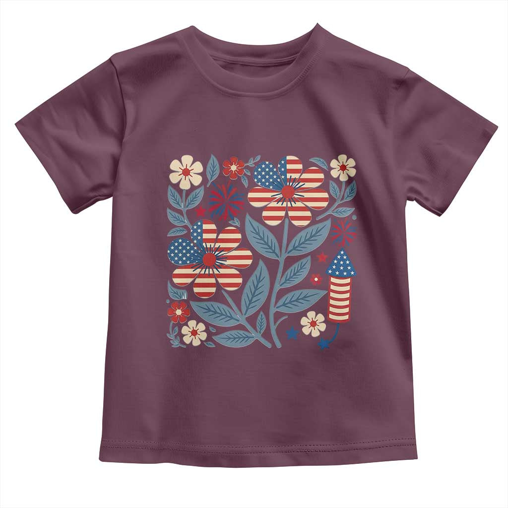 Boho Patriotic Daisy American Flag Floral Toddler T Shirt TS12 Maroon Print Your Wear