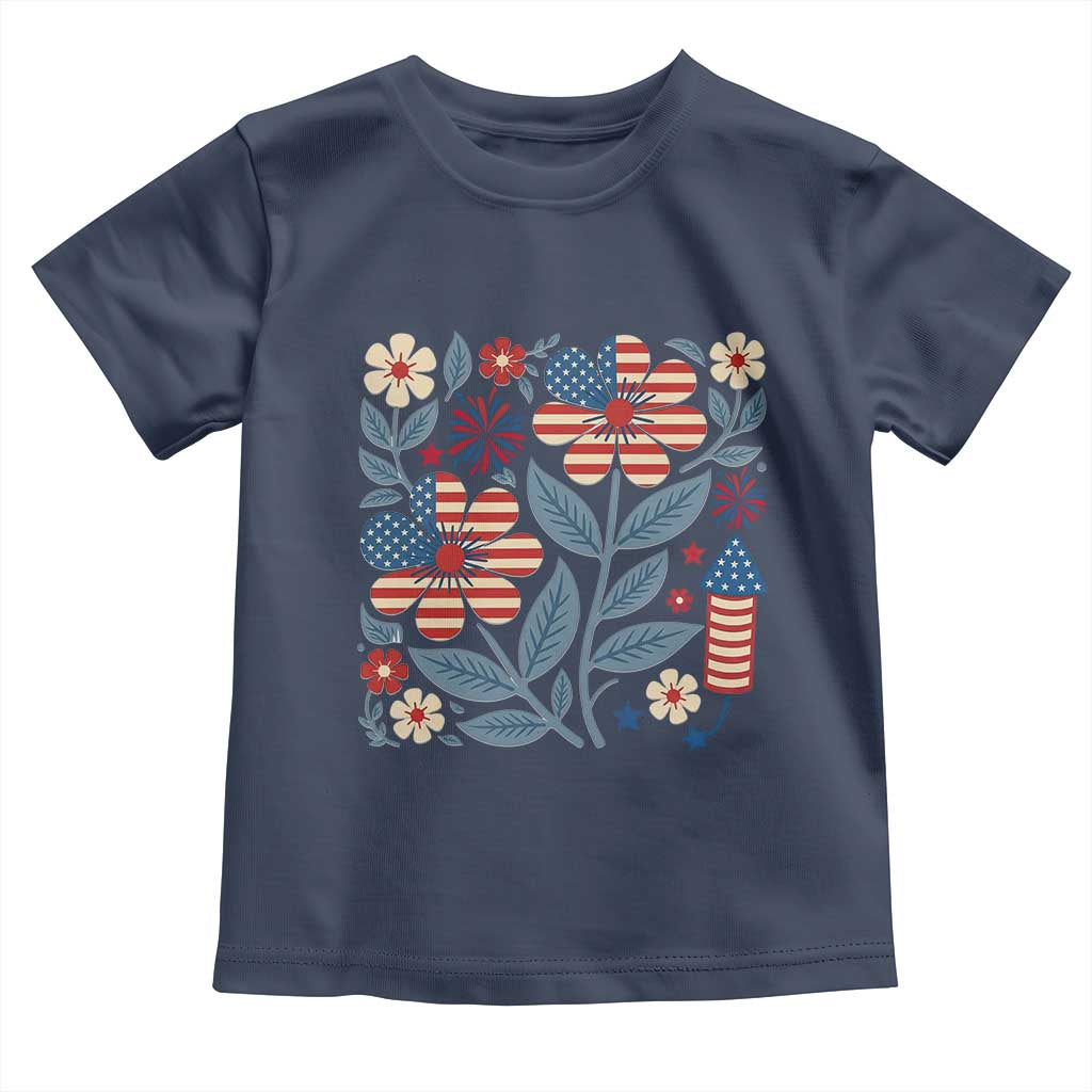 Boho Patriotic Daisy American Flag Floral Toddler T Shirt TS12 Navy Print Your Wear