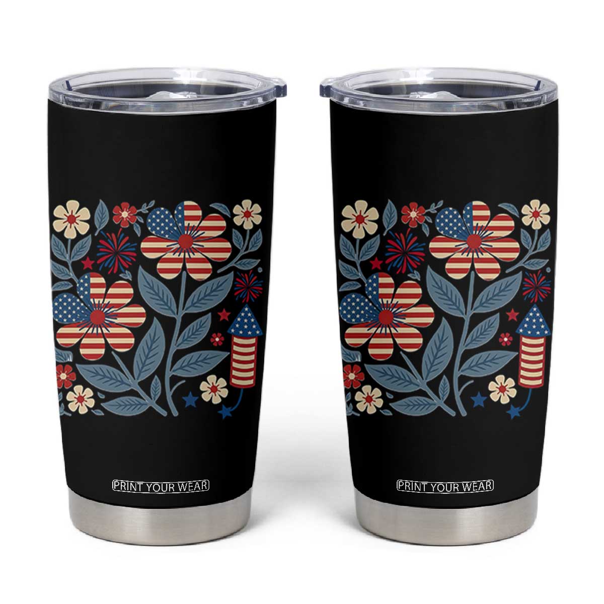 Boho Patriotic Daisy American Flag Floral Tumbler Cup TS12 Black Print Your Wear