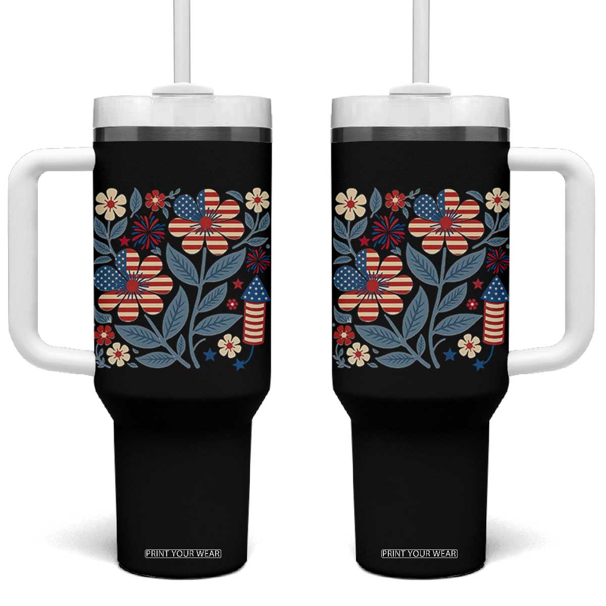 Boho Patriotic Daisy American Flag Floral Tumbler With Handle TS12 One Size: 40 oz Black Print Your Wear