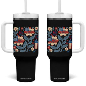 Boho Patriotic Daisy American Flag Floral Tumbler With Handle TS12 One Size: 40 oz Black Print Your Wear