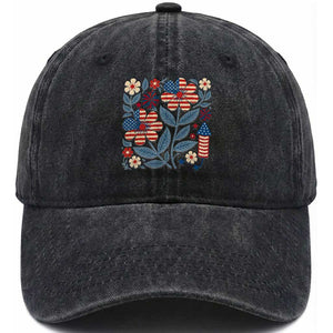 Boho Patriotic Daisy American Flag Floral Washed Cotton Baseball Cap TS12 Washed Cap Universal Fit Black Print Your Wear