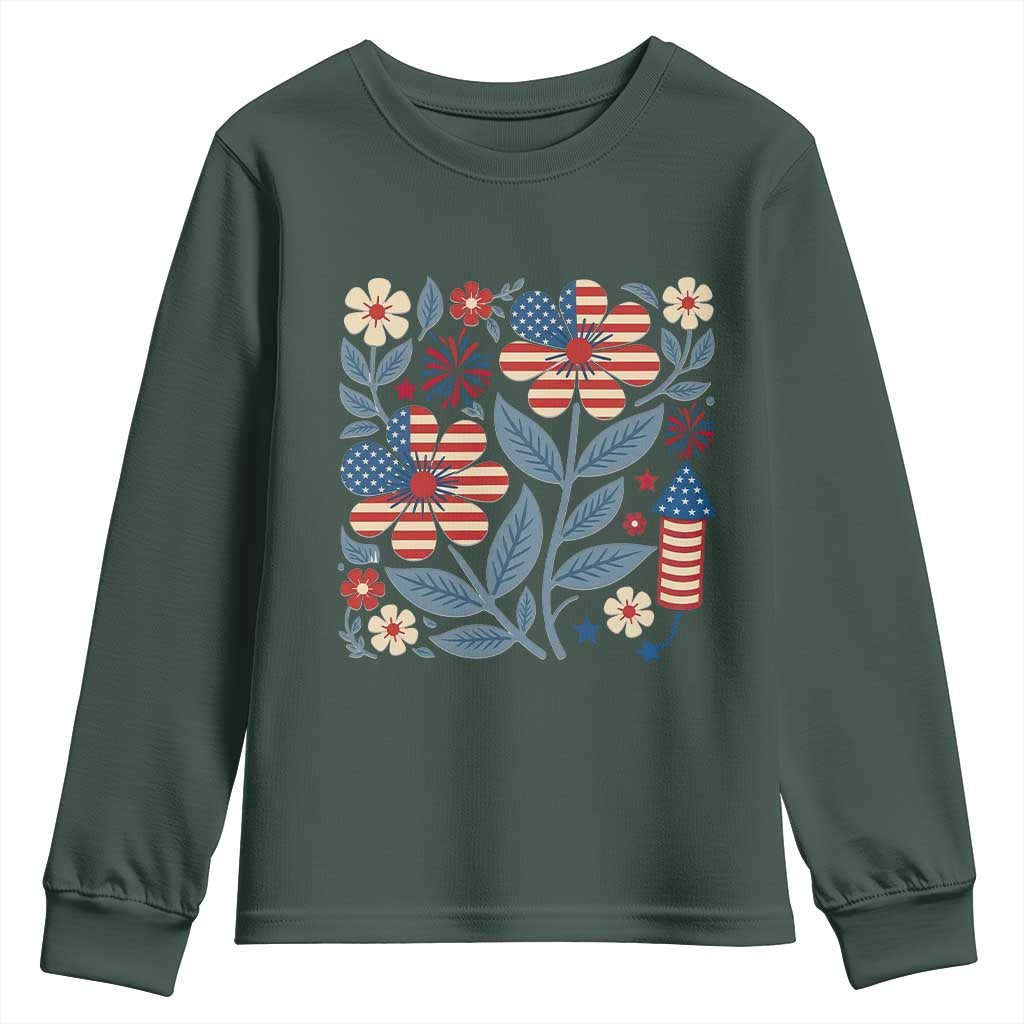 Boho Patriotic Daisy American Flag Floral Youth Sweatshirt TS12 Dark Forest Green Print Your Wear
