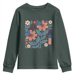 Boho Patriotic Daisy American Flag Floral Youth Sweatshirt TS12 Dark Forest Green Print Your Wear