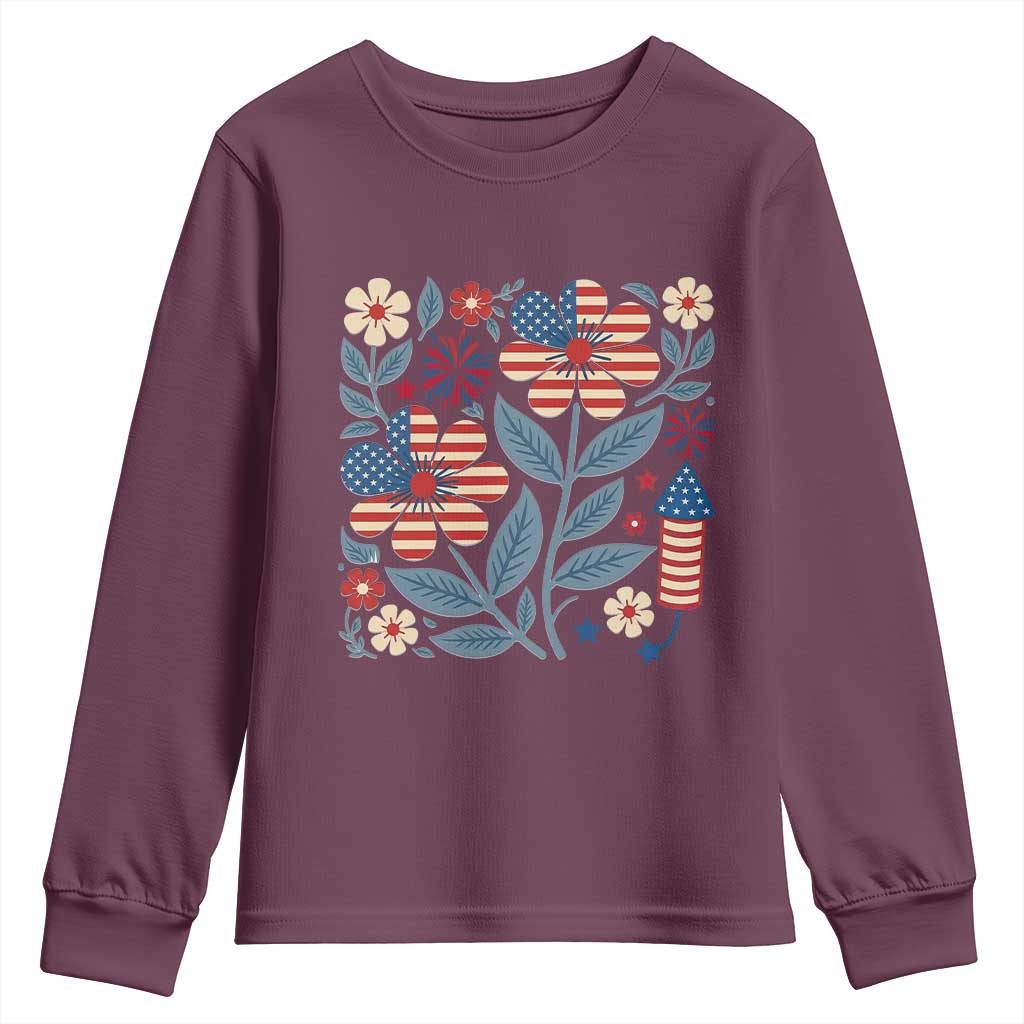 Boho Patriotic Daisy American Flag Floral Youth Sweatshirt TS12 Maroon Print Your Wear