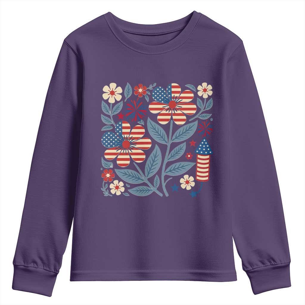Boho Patriotic Daisy American Flag Floral Youth Sweatshirt TS12 Purple Print Your Wear