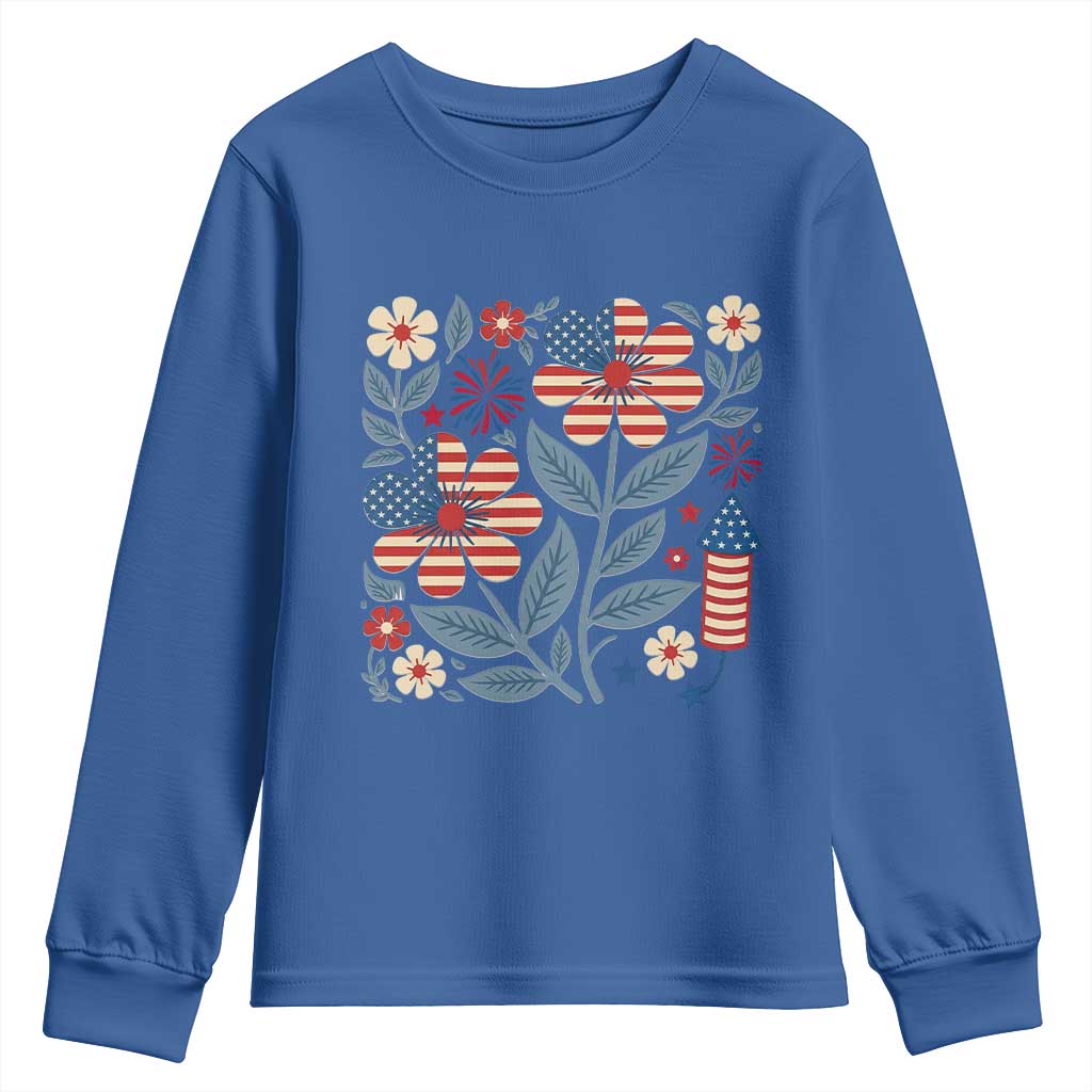 Boho Patriotic Daisy American Flag Floral Youth Sweatshirt TS12 Royal Blue Print Your Wear