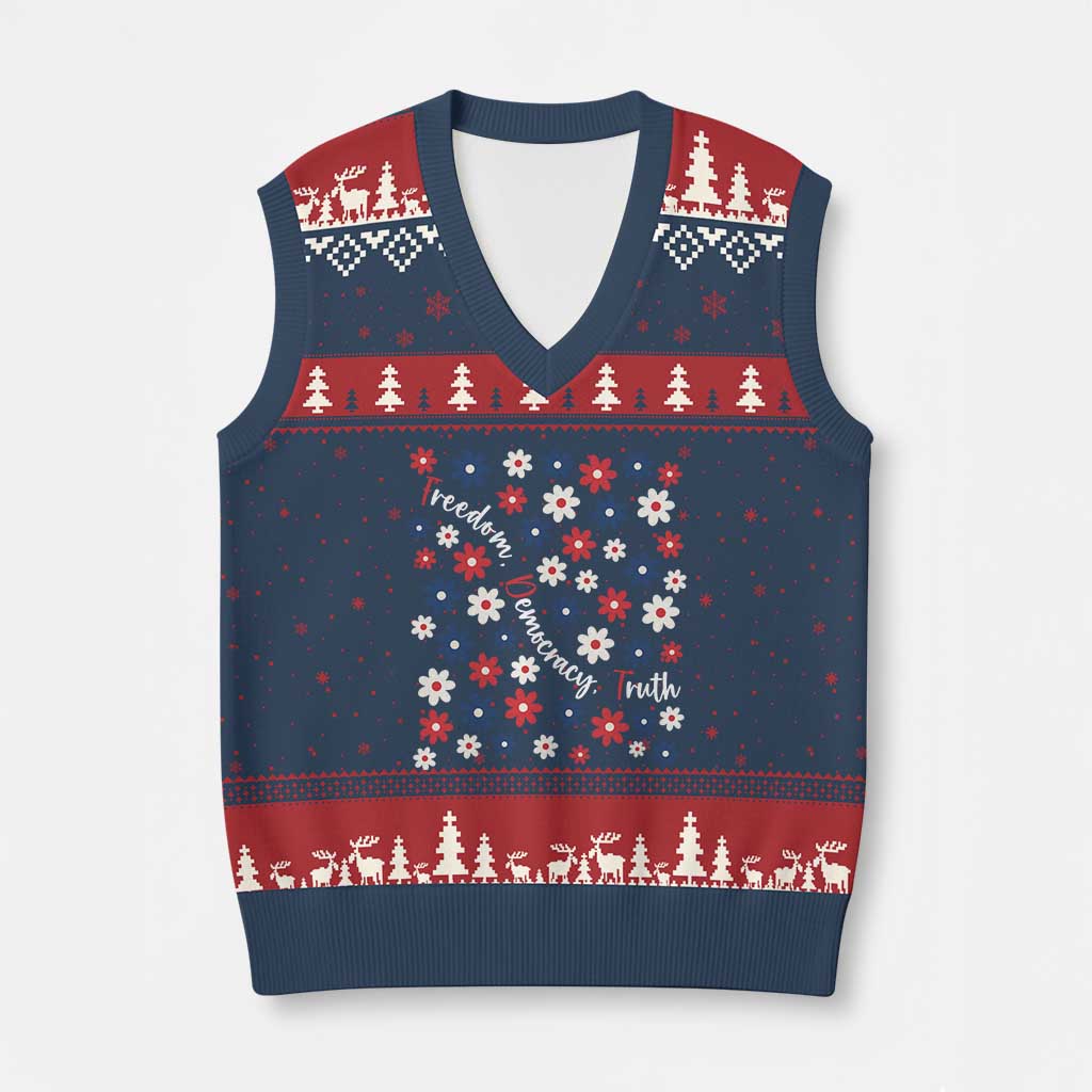 Freedom Democracy Truth V-Neck Knit Sweater Vest Patriotic Floral TS12 Navy Red Print Your Wear
