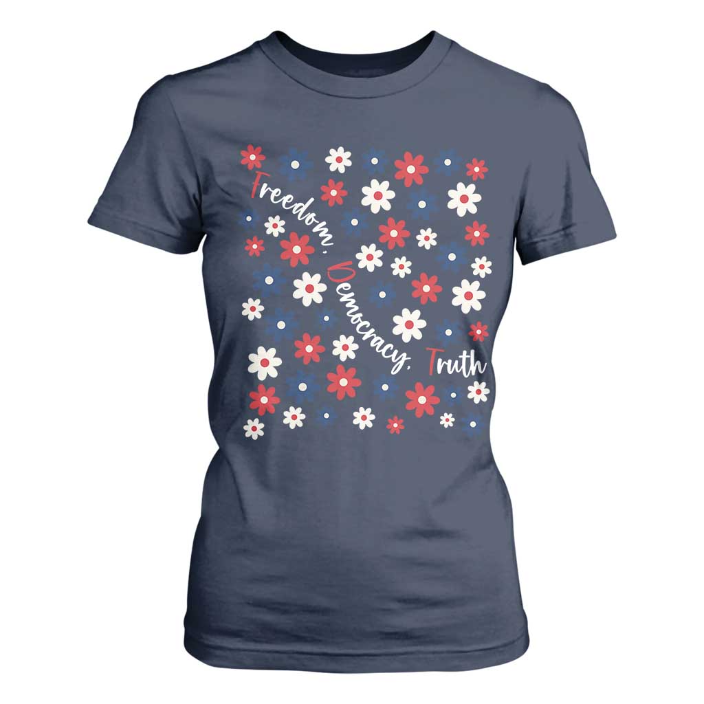 Freedom Democracy Truth T Shirt For Women Patriotic Floral TS12 Navy Print Your Wear