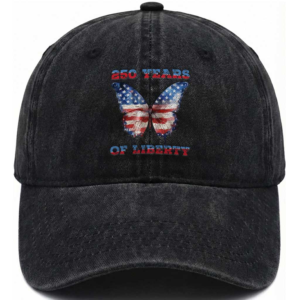 Patriotic Butterfly Washed Cotton Baseball Cap 250 Years Of Liberty TS12 Washed Cap Universal Fit Black Print Your Wear