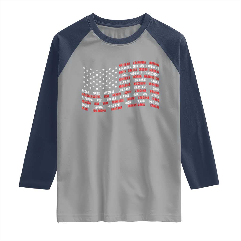 Vintage American Flag 50 States Raglan Shirt Patriotic Gift TS12 Sport Gray Navy Print Your Wear