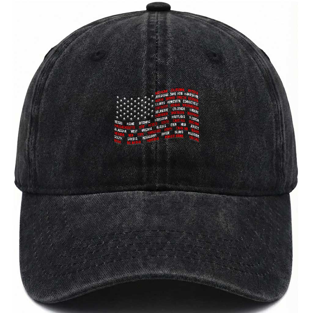 Vintage American Flag 50 States Washed Cotton Baseball Cap Patriotic Gift TS12 Washed Cap Universal Fit Black Print Your Wear