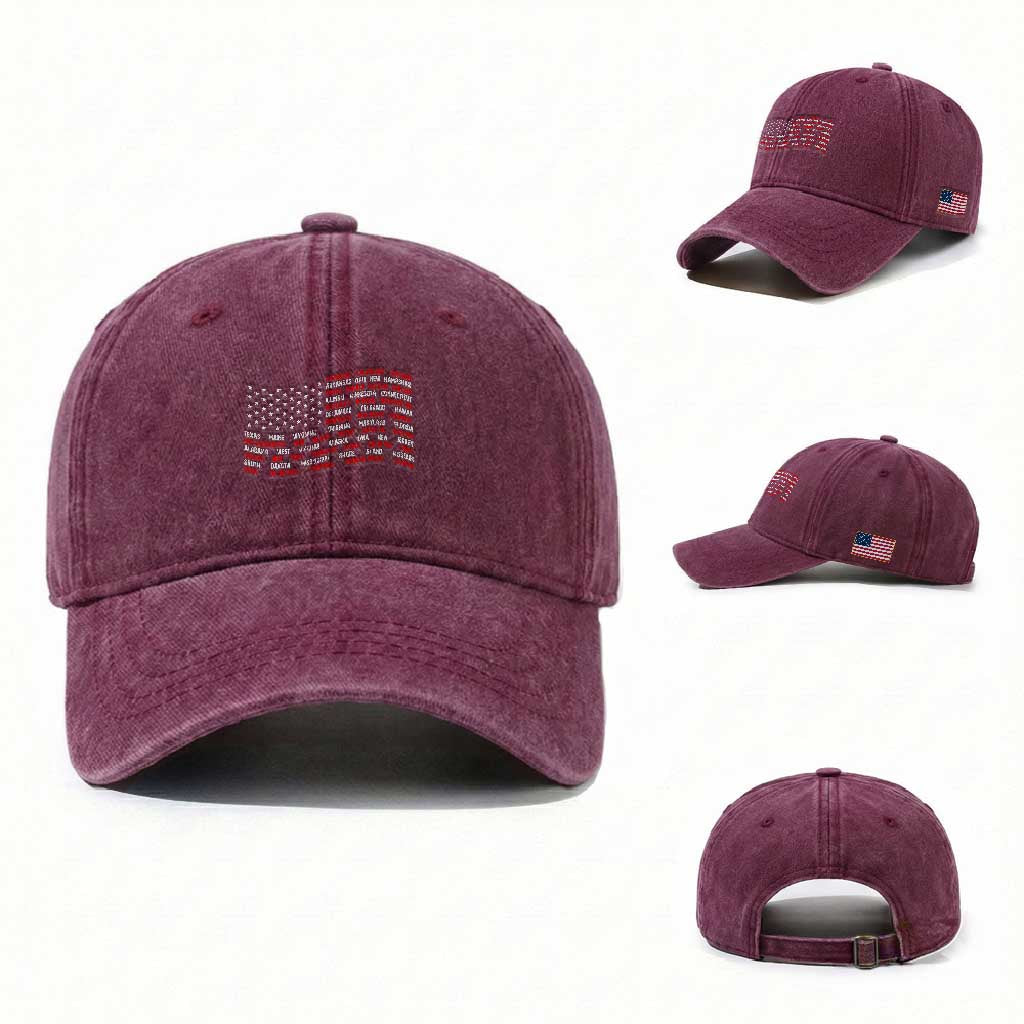 Vintage American Flag 50 States Washed Cotton Baseball Cap Patriotic Gift TS12 Washed Cap Universal Fit Burgundy Print Your Wear