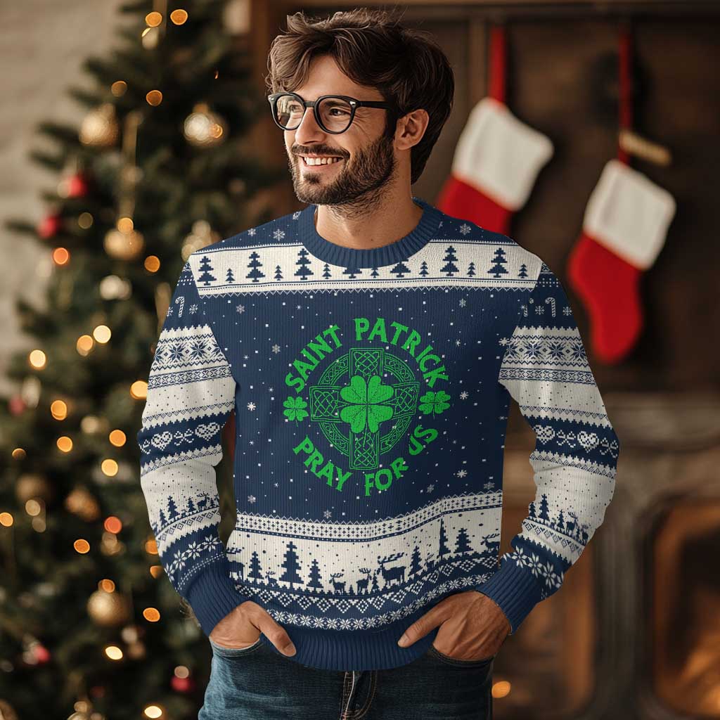 Saint Patrick Pray For Us Ugly Christmas Sweater St Patricks Day Celtic Cross TS12 Navy Beige Print Your Wear