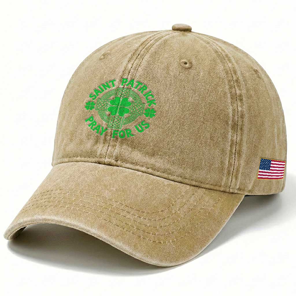 Saint Patrick Pray For Us Washed Cotton Baseball Cap St Patricks Day Celtic Cross TS12 Print Your Wear