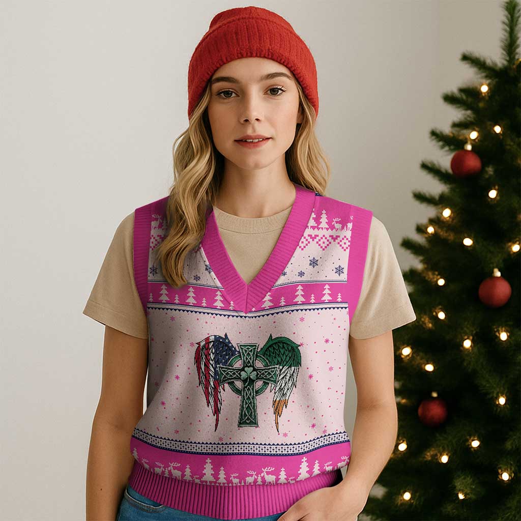 Patriotic Irish American Cross V-Neck Knit Sweater Vest St Patricks Day Religious Gift TS12 Hot Pink Print Your Wear