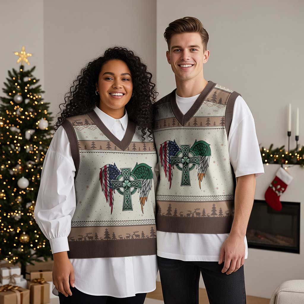 Patriotic Irish American Cross V-Neck Knit Sweater Vest St Patricks Day Religious Gift TS12 Mocha Mousse Print Your Wear