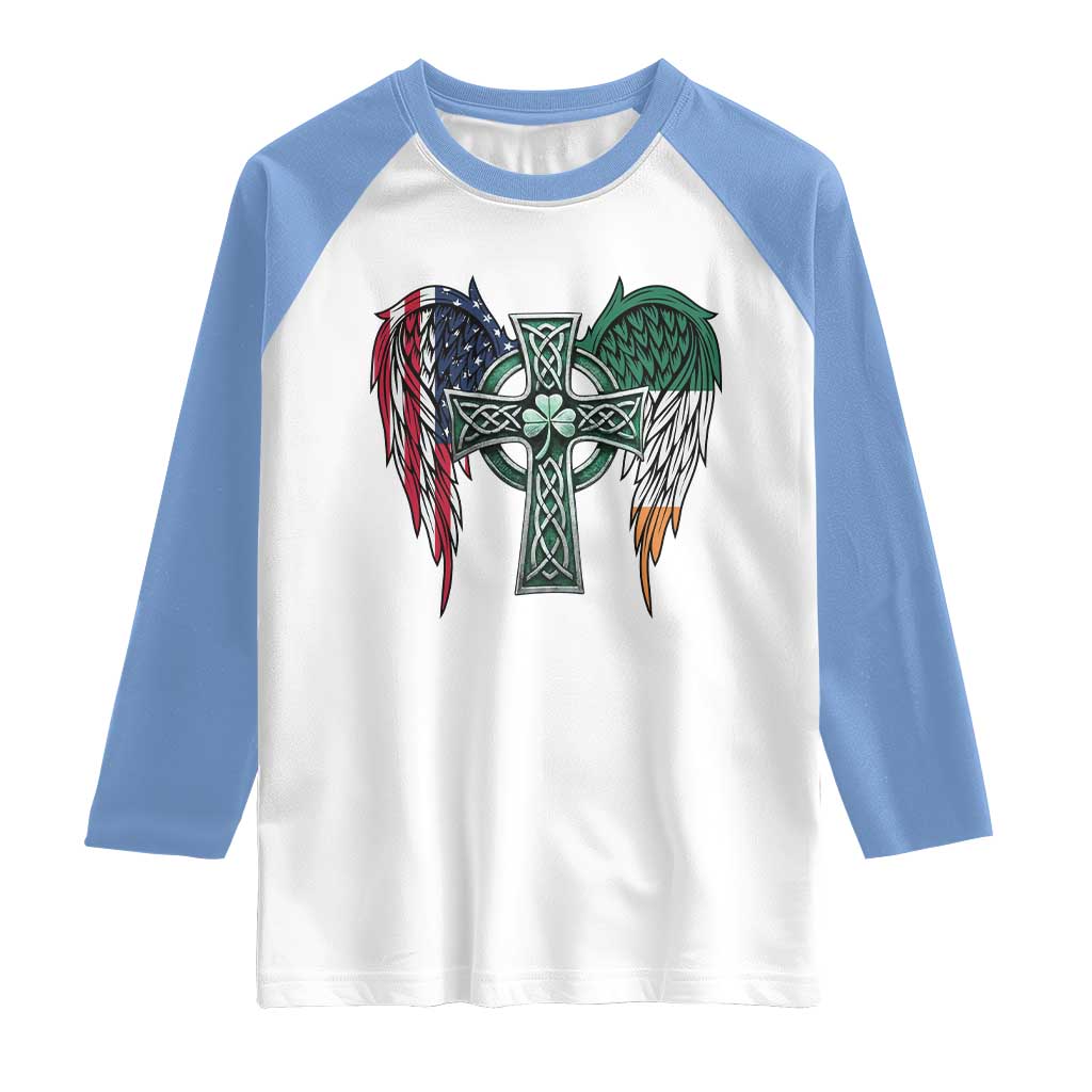 Patriotic Irish American Cross Raglan Shirt St Patricks Day Religious Gift TS12 White Carolina Blue Print Your Wear