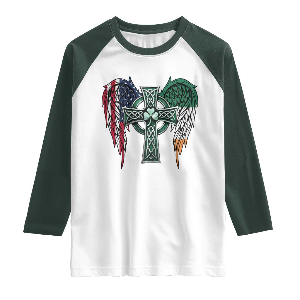 Patriotic Irish American Cross Raglan Shirt St Patricks Day Religious Gift TS12 White Dark Forest Green Print Your Wear