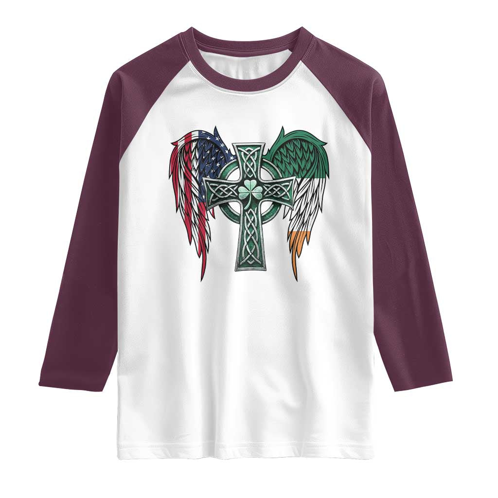 Patriotic Irish American Cross Raglan Shirt St Patricks Day Religious Gift TS12 White Maroon Print Your Wear