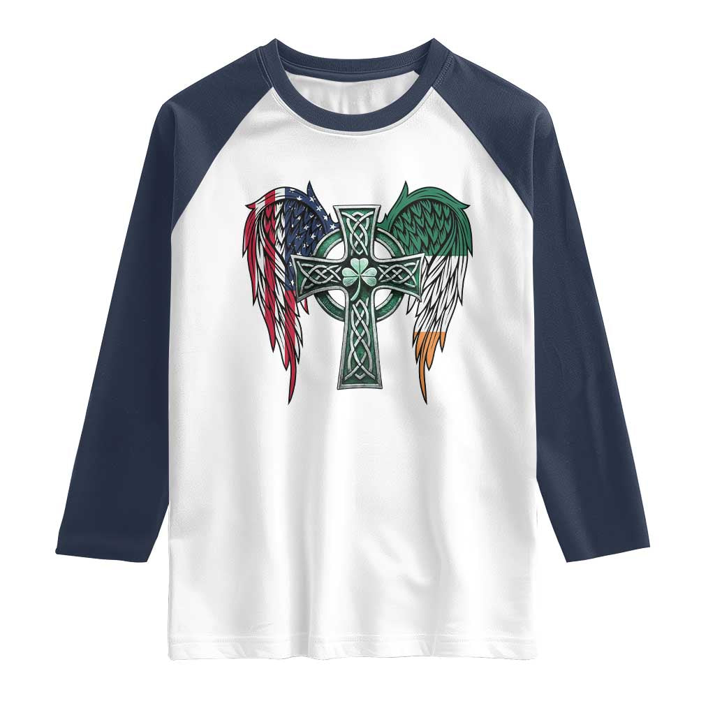 Patriotic Irish American Cross Raglan Shirt St Patricks Day Religious Gift TS12 White Navy Print Your Wear