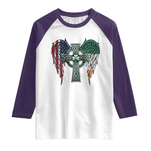 Patriotic Irish American Cross Raglan Shirt St Patricks Day Religious Gift TS12 White Purple Print Your Wear