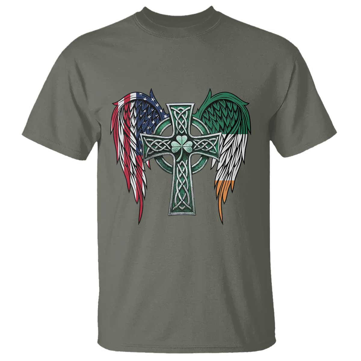 Patriotic Irish American Cross T Shirt St Patricks Day Religious Gift TS12 Military Green Print Your Wear