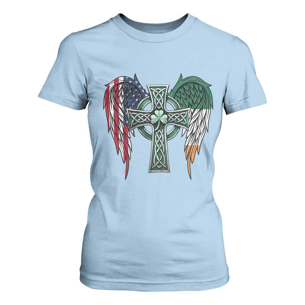 Patriotic Irish American Cross T Shirt For Women St Patricks Day Religious Gift TS12 Light Blue Print Your Wear