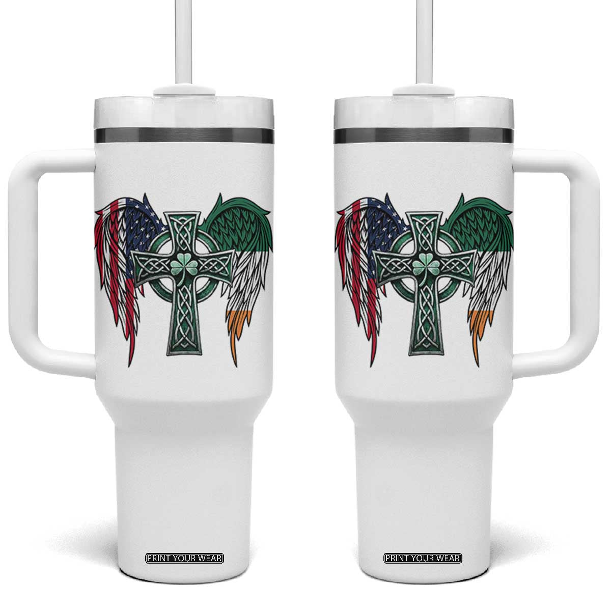 Patriotic Irish American Cross Tumbler With Handle St Patricks Day Religious Gift TS12 One Size: 40 oz White Print Your Wear