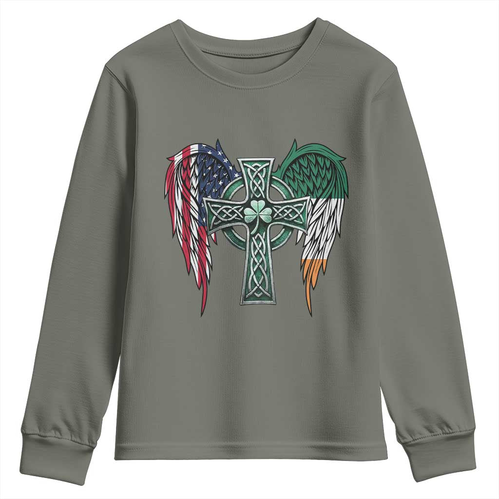 Patriotic Irish American Cross Youth Sweatshirt St Patricks Day Religious Gift TS12 Military Green Print Your Wear
