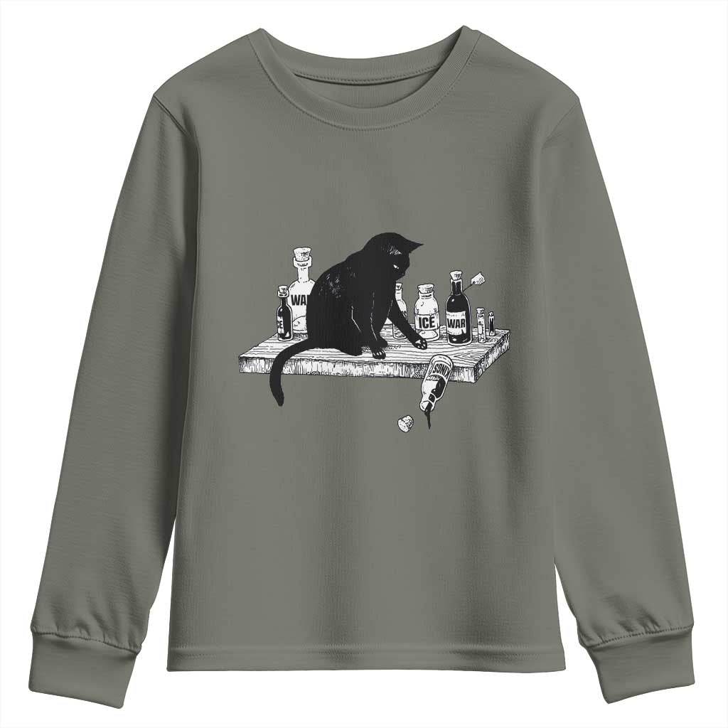 No Kings No Wars No Ice Cat Youth Sweatshirt Political Humor Gift TS12 Military Green Print Your Wear