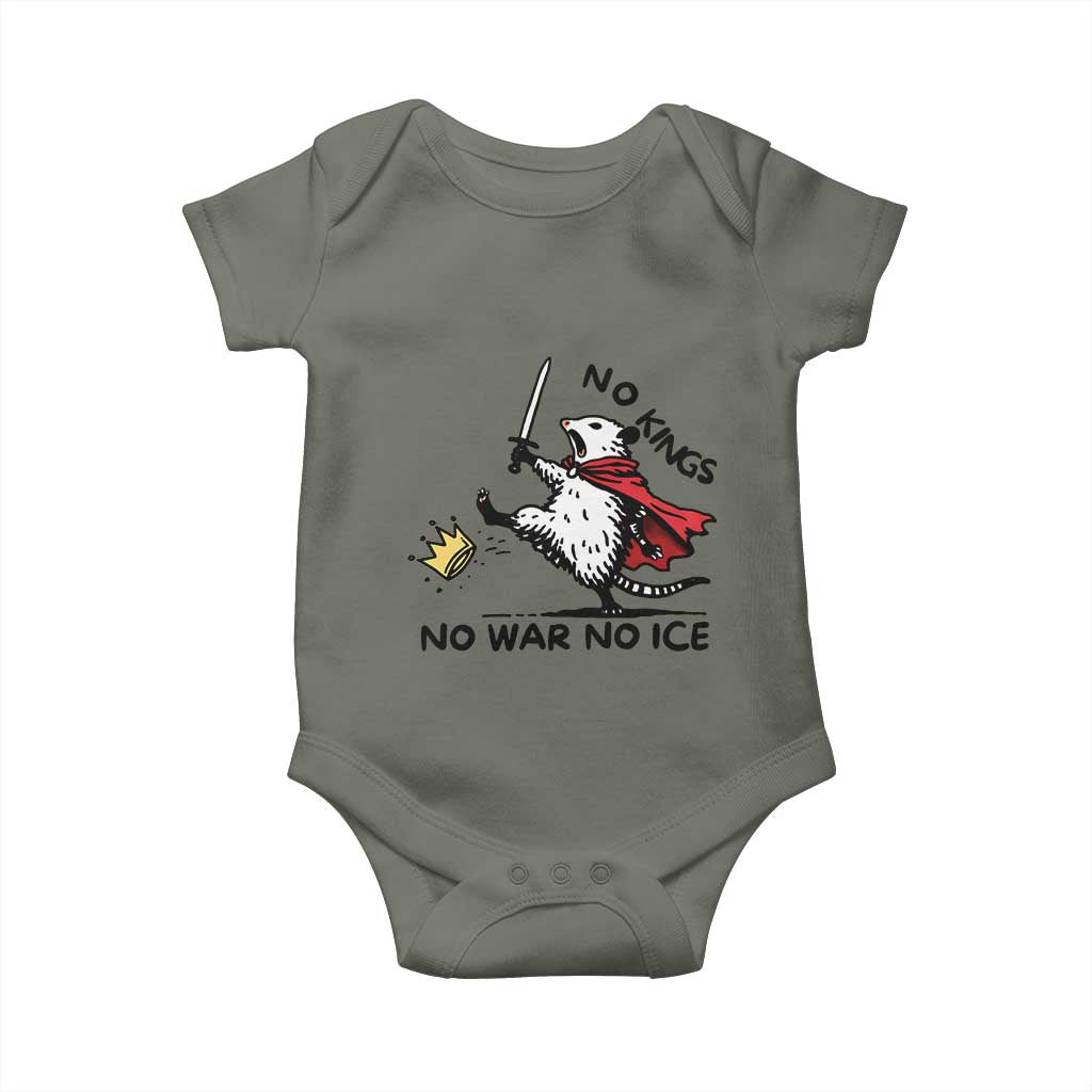 Funny Opossum Warrior Political Gift Baby Onesie No Kings No Wars No Ice TS12 Military Green Print Your Wear