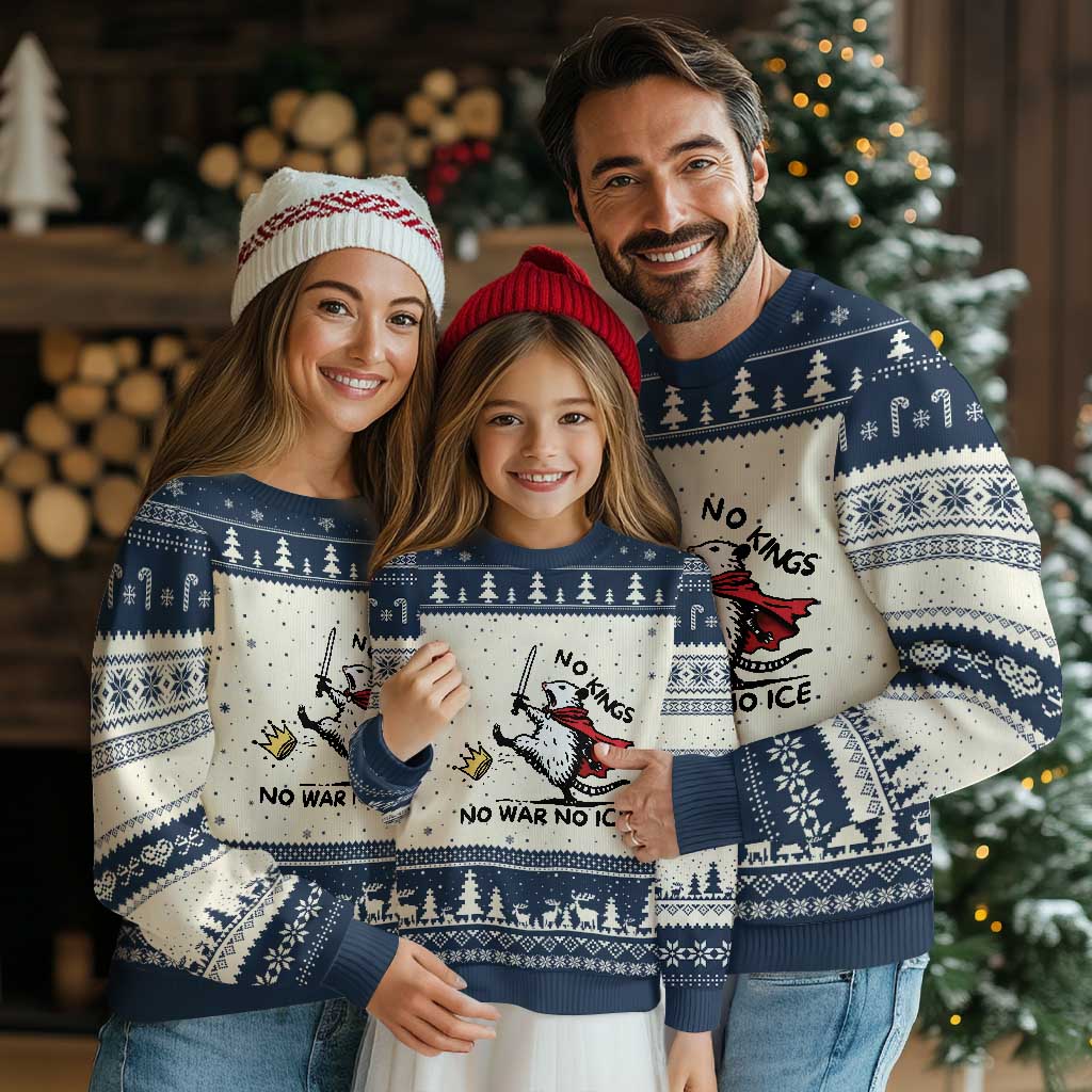 Funny Opossum Warrior Political Gift Ugly Christmas Sweater No Kings No Wars No Ice TS12 Beige Navy Print Your Wear